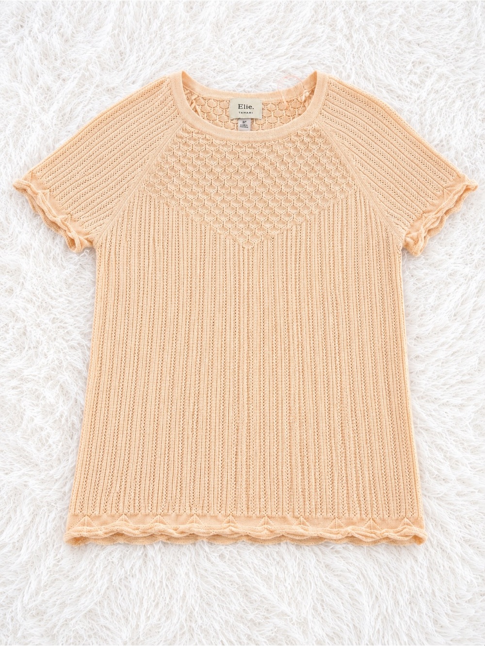 Elie Tahari Pointelle Knit Sweater Top Small Blush Ruffle Short Sleeve